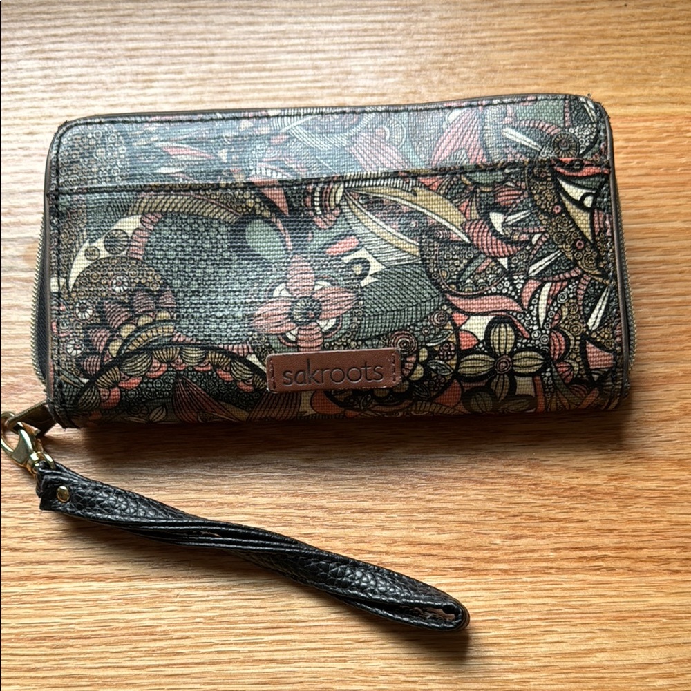 Sakroots Brown Wallet with Floral Design and Wrist Strap